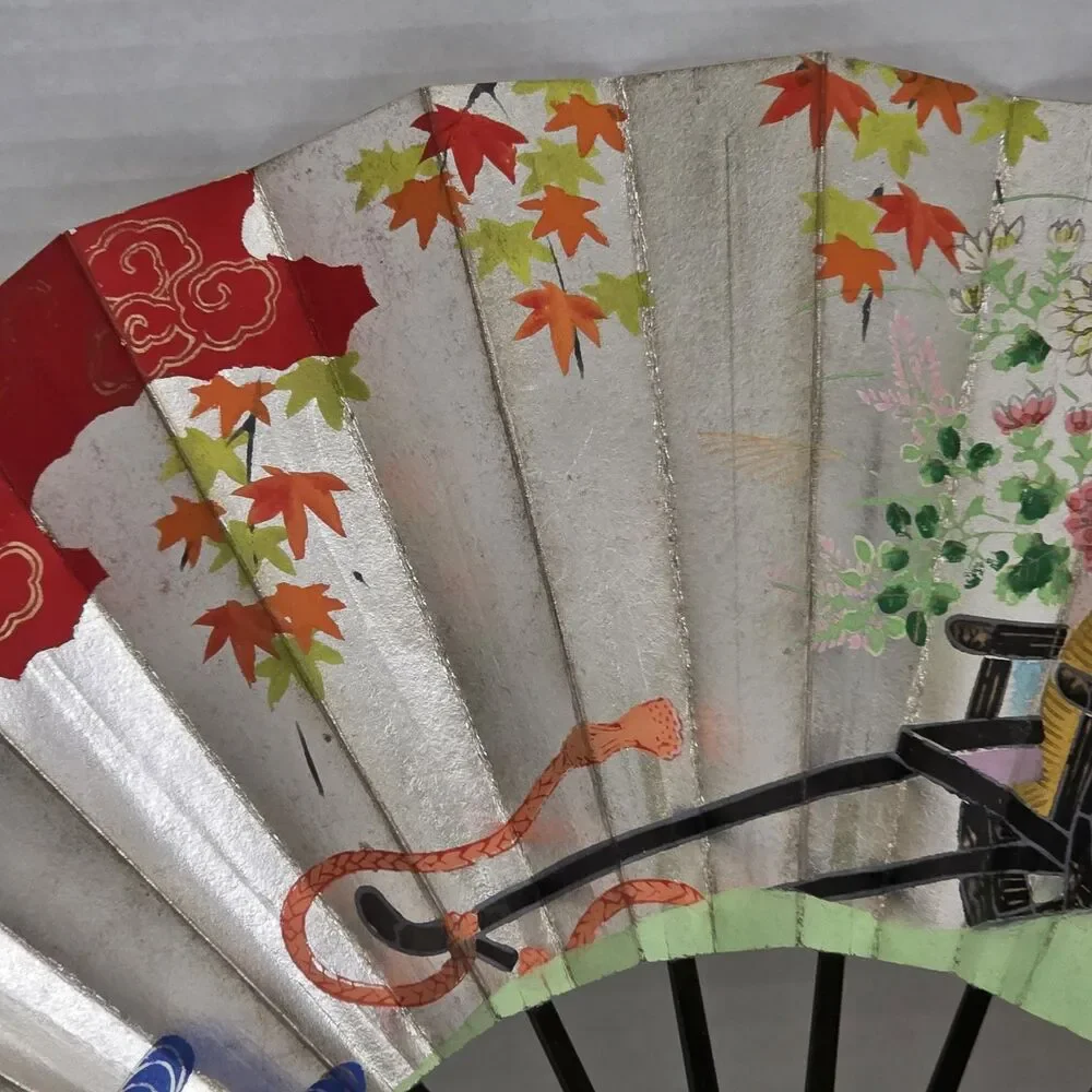 Vintage Oriental Folding Fan Floral Cart Design 19 1/2